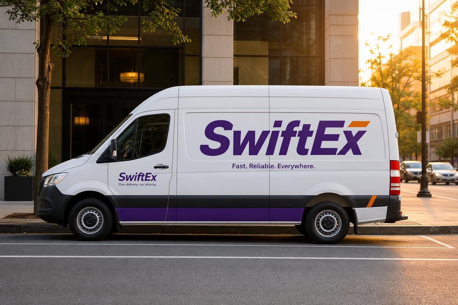 SwiftEx delivery van speeding at dusk